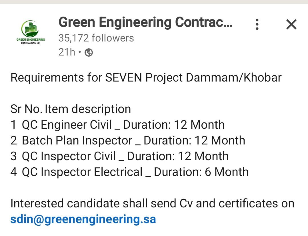 QC Inspector Green Engineering Hiring for SEVEN Project in Dammam & Khobar – Multiple QC Q Inspector Positions (Apply Now)