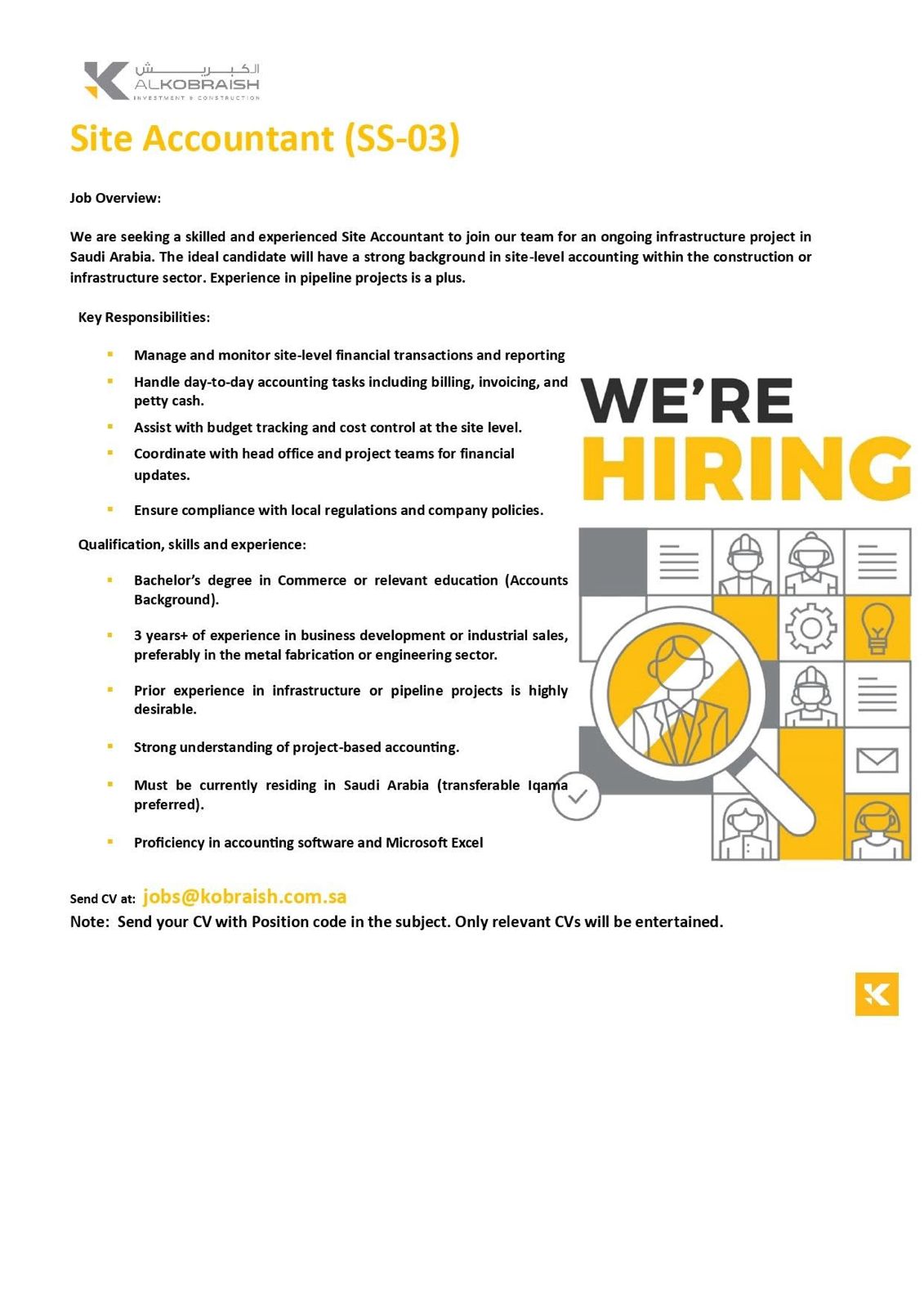 Site Accountant Job in Saudi Arabia (SS-03) – Apply Now | Infrastructure & Construction Accounting Role