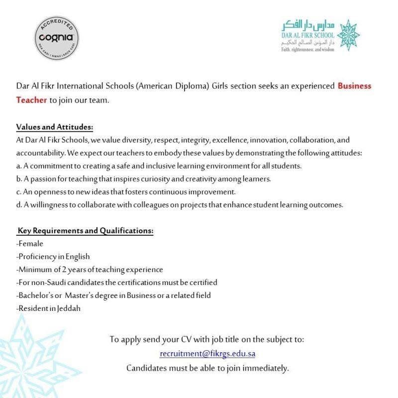 Business Teacher Job in Jeddah – Apply Now | Dar Al Fikr International Schools (Girls Section)