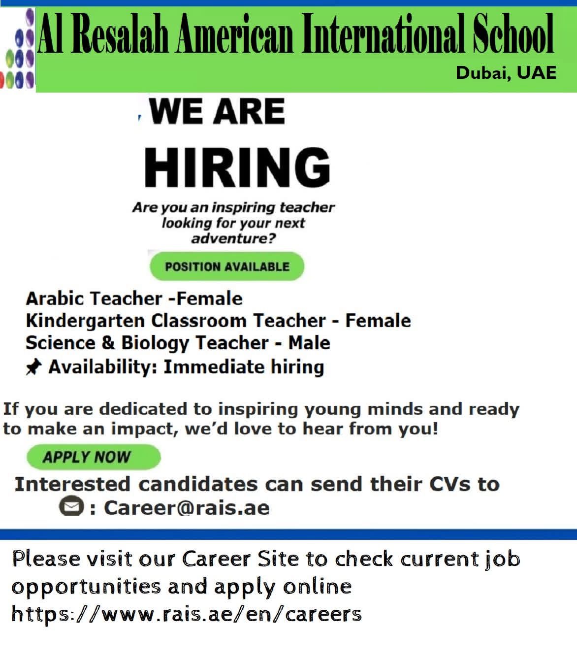 Immediate Teaching Jobs in Dubai – Al Resalah American International School Hiring Now