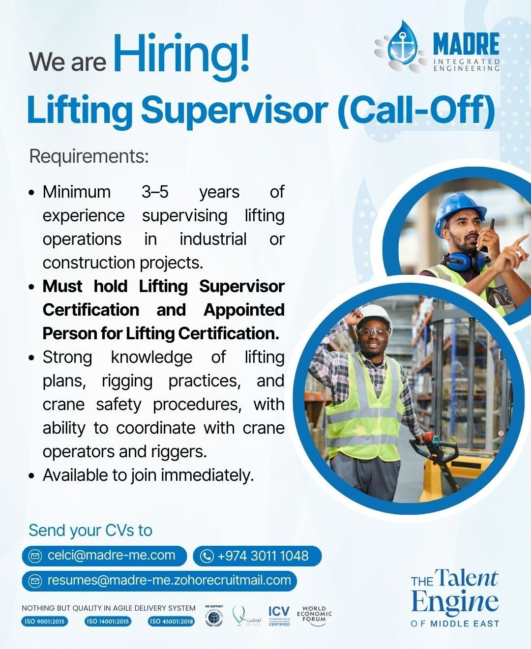 Lifting Supervisor (Call-Off) Jobs in Qatar | Certified Lifting Supervisor Vacancies