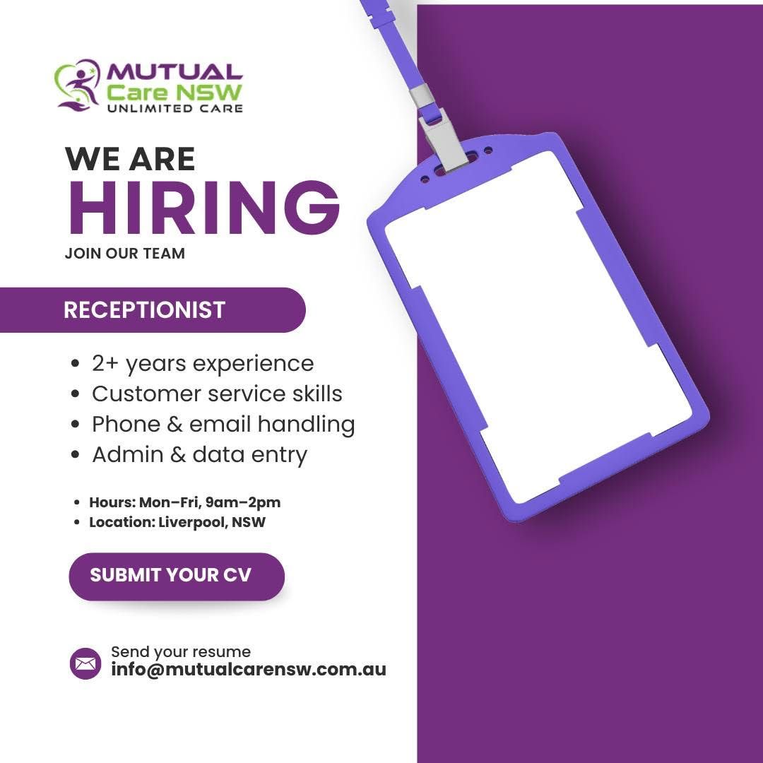 Receptionist Job in Liverpool NSW | Mutual Care NSW Hiring Now