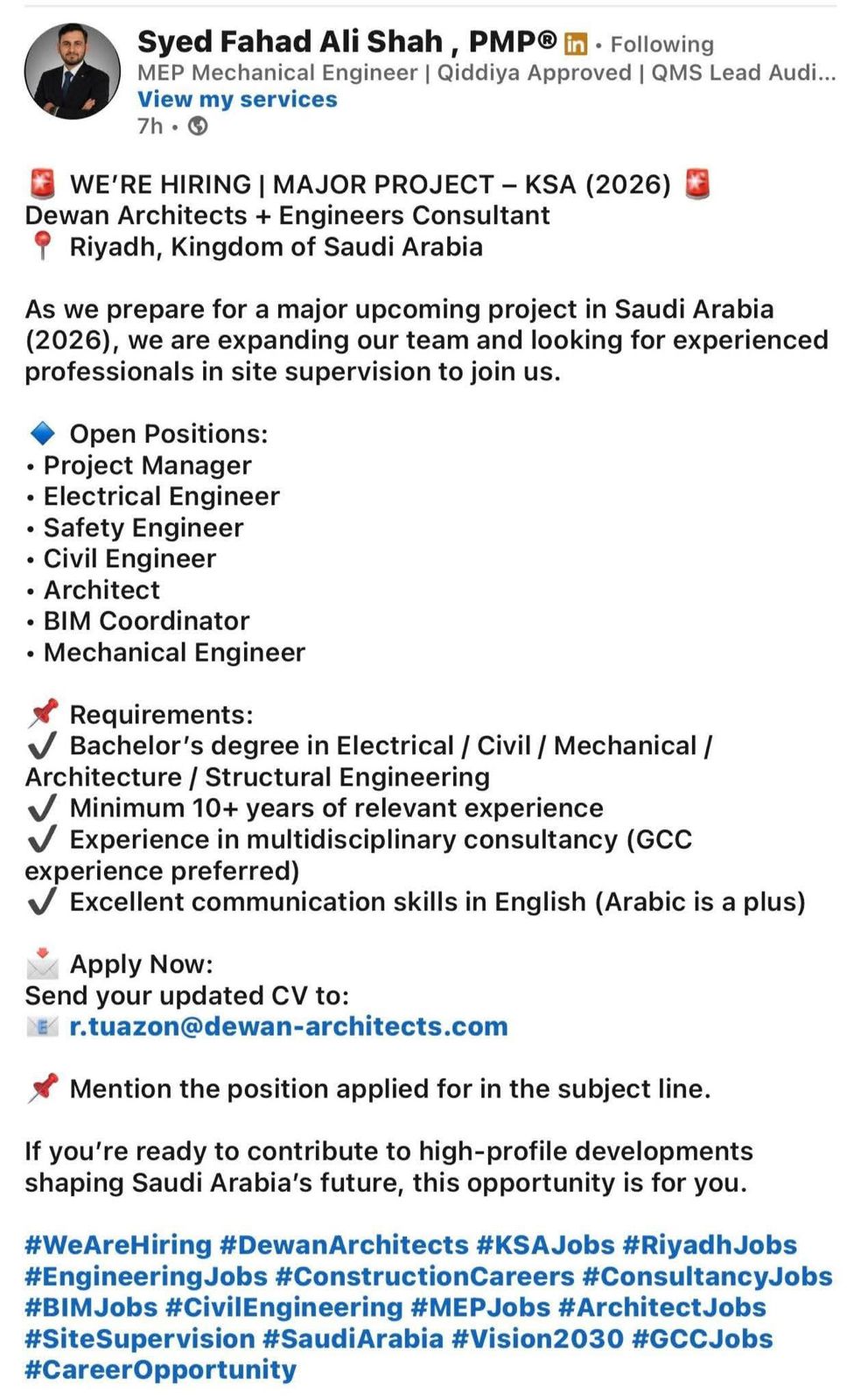 Hiring Engineers & Architects for Major Project in Riyadh, Saudi Arabia (KSA 2026)