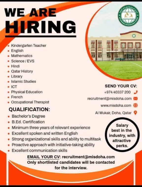 Teaching Jobs in Doha Qatar 2025 | Kindergarten, English, Math & More – MIS Doha