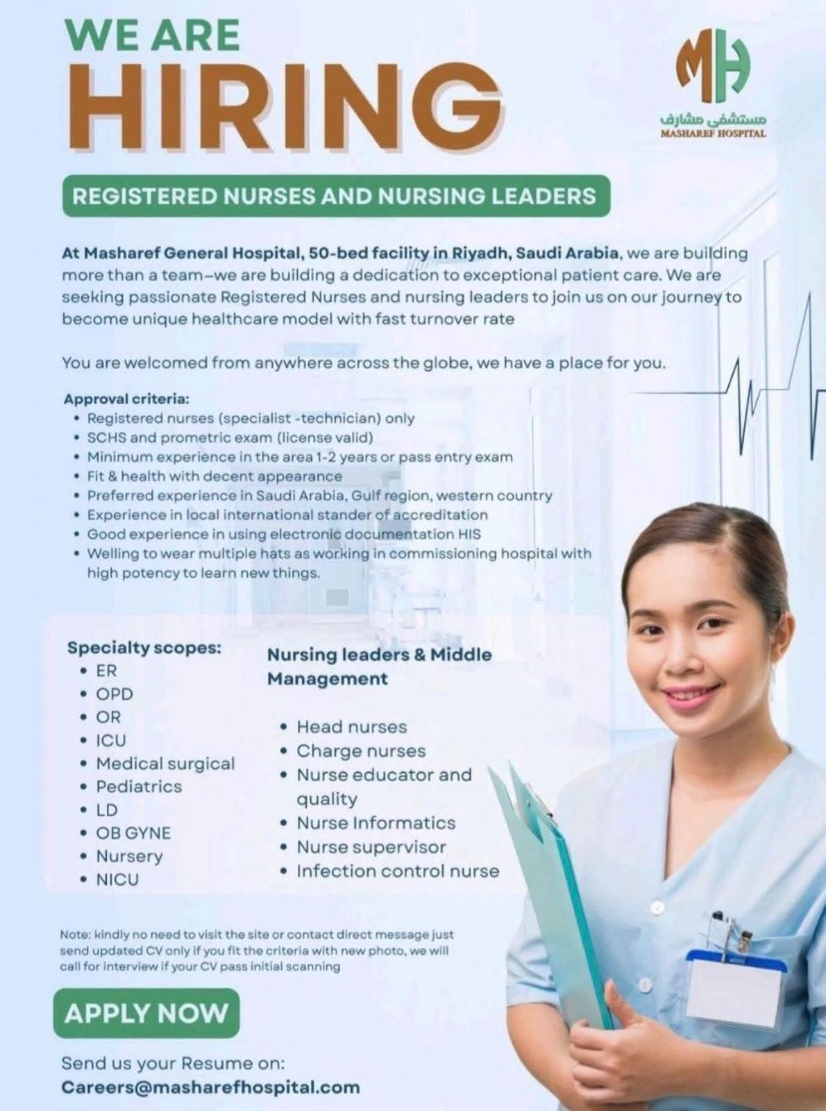 Registered Nurses & Nursing Leaders Jobs in Riyadh | Masharef General Hospital Hiring