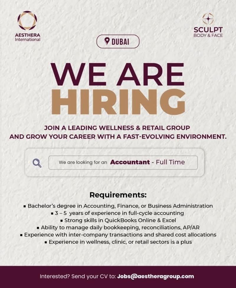 Accountant Job in Wellness & Retail | Full-Time Role | QuickBooks Online | Aestra Group