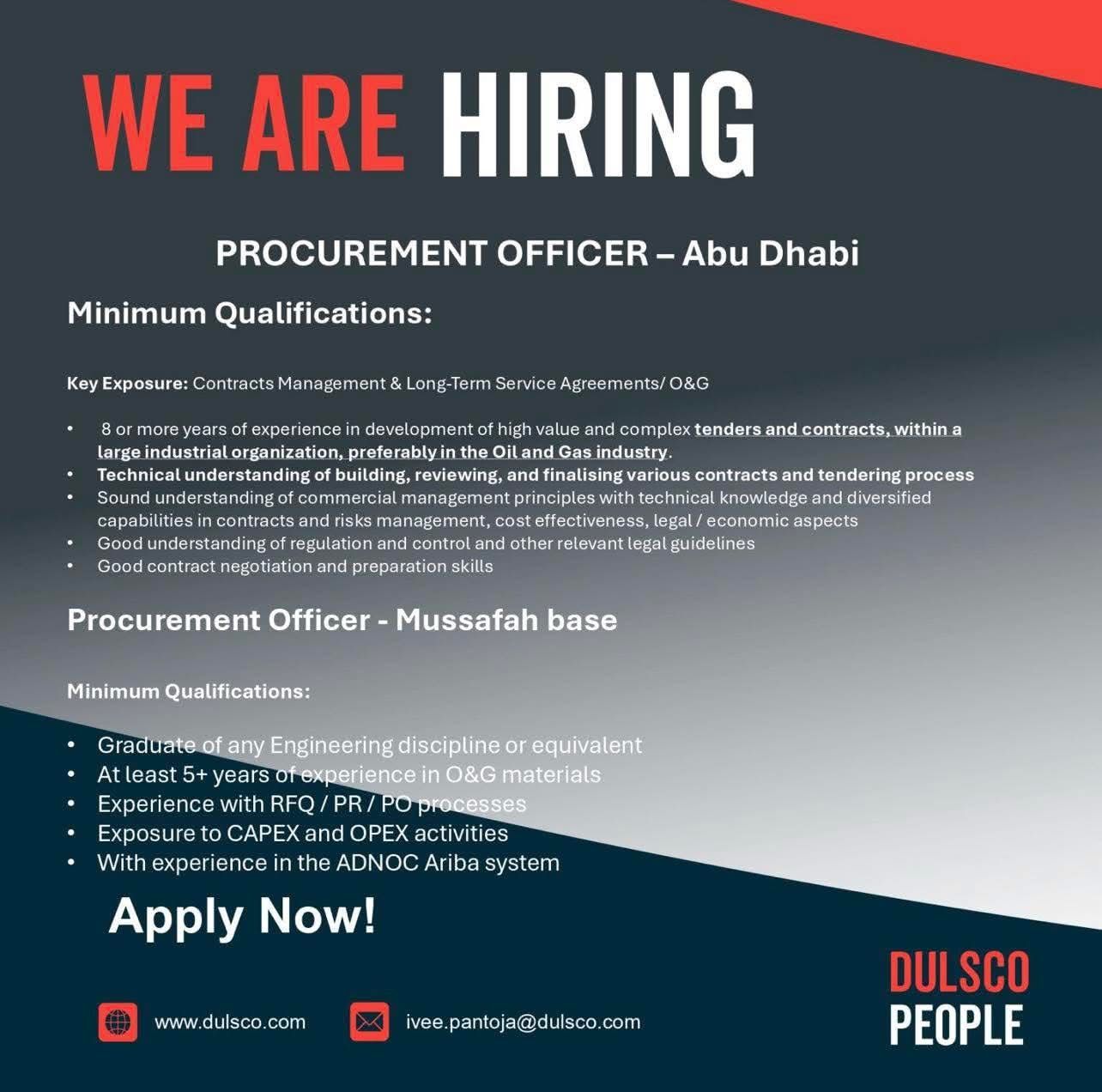 Procurement Officer Jobs in Abu Dhabi & Mussafah | O&G Contracts & ADNOC Ariba | Dulsco Careers