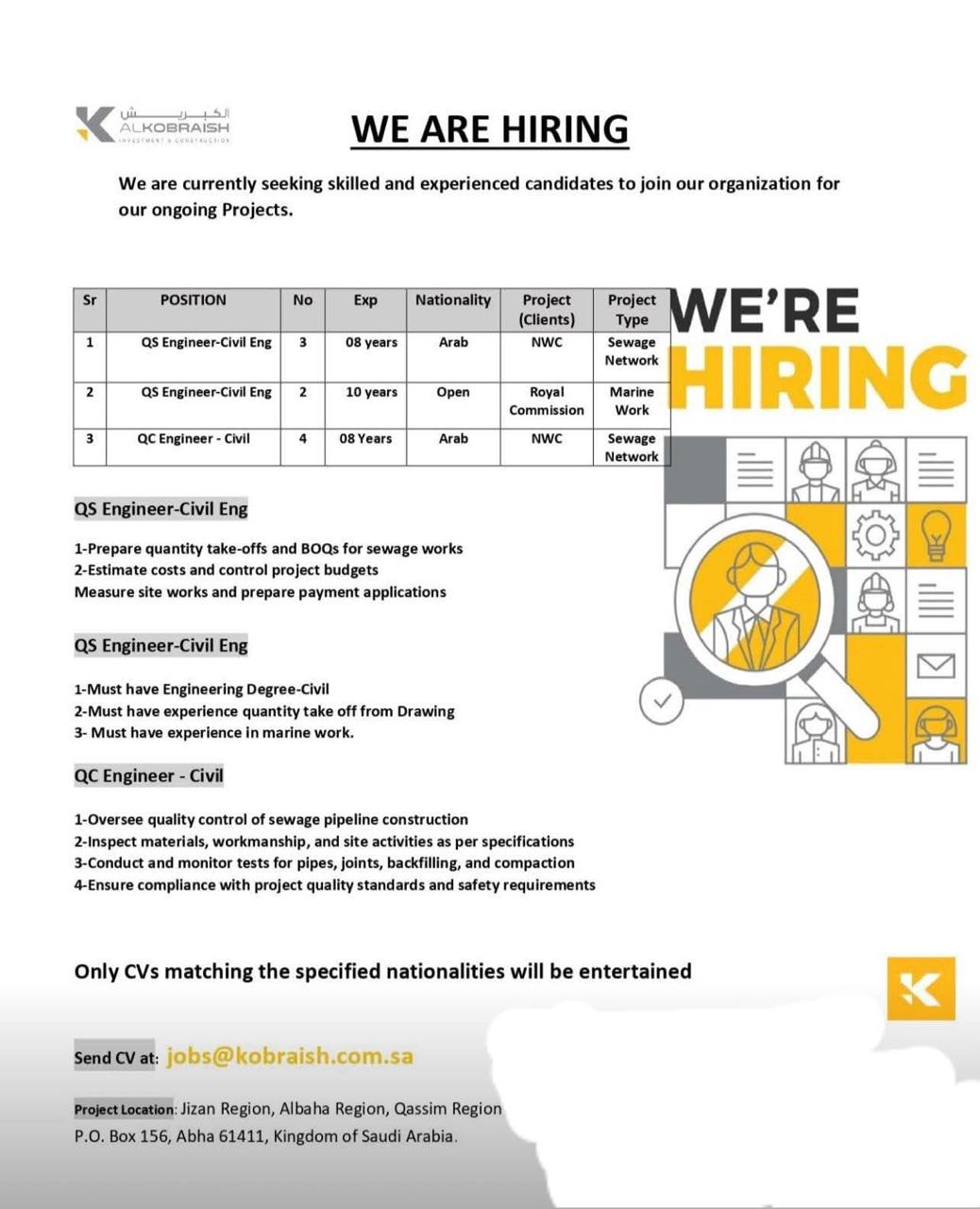 QS Engineer & QC Engineer Civil Jobs in Saudi Arabia – Alkobraish Investment & Construction