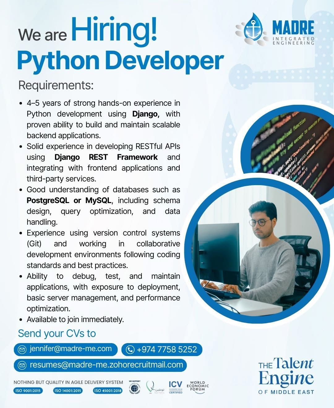 Python Developer Jobs – Django, REST API, PostgreSQL – Immediate Hiring | Madre-me