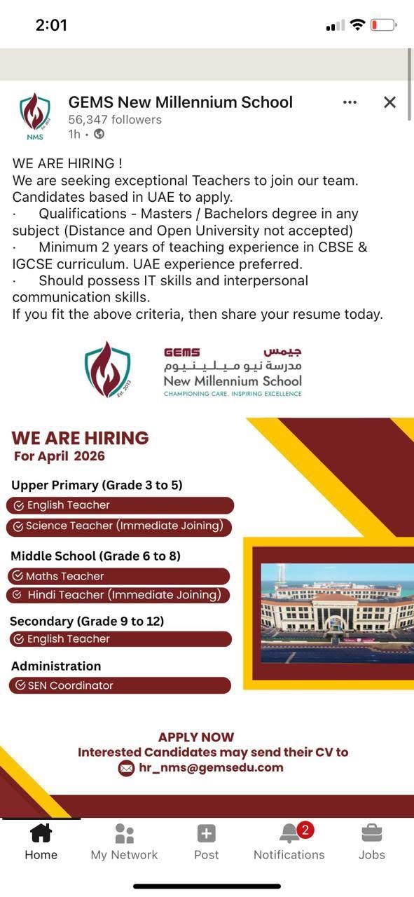 Teaching Jobs in UAE 2026 | GEMS New Millennium School Hiring Teachers