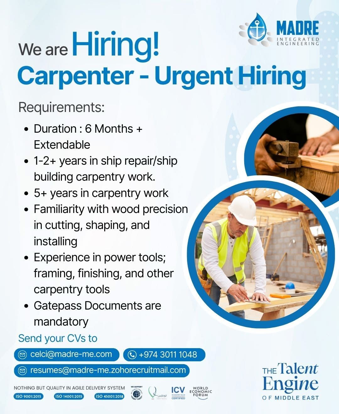 Urgent Hiring: Experienced Carpenter for Ship Repair | 6-Month Contract (Extendable) | Madre-me
